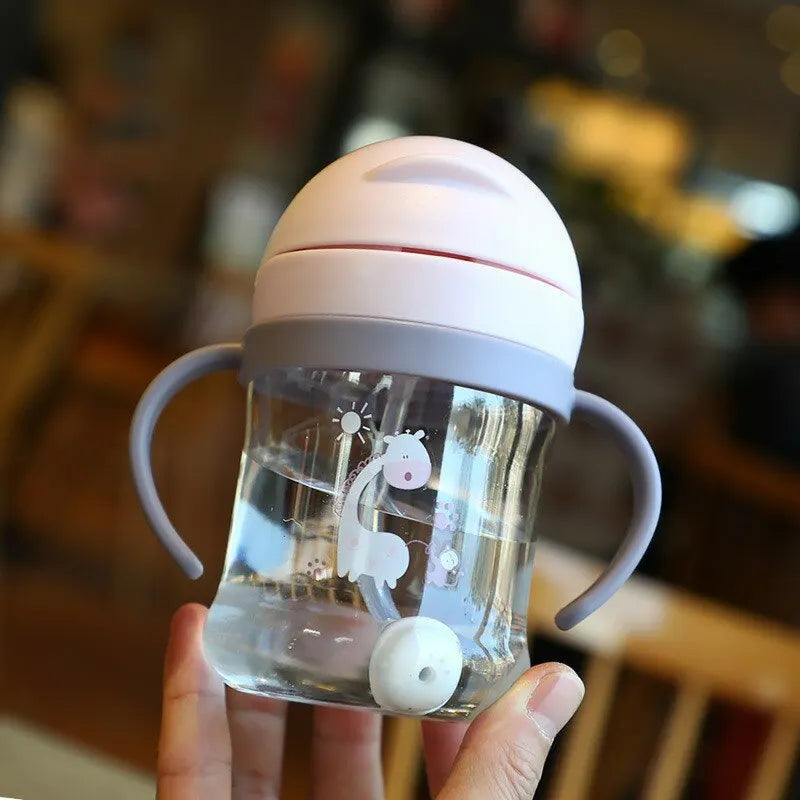 1/2pcs 250ml Pink Baby Drinking Cup Feeding Bottle With Straw Gravity Ball Wide Caliber Drinking Milk Water Bottle With Handle